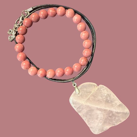 Rose Quartz Pendant Necklace pink rhodonite bracelet fashion accessories bundle - Picture 5 of 10
